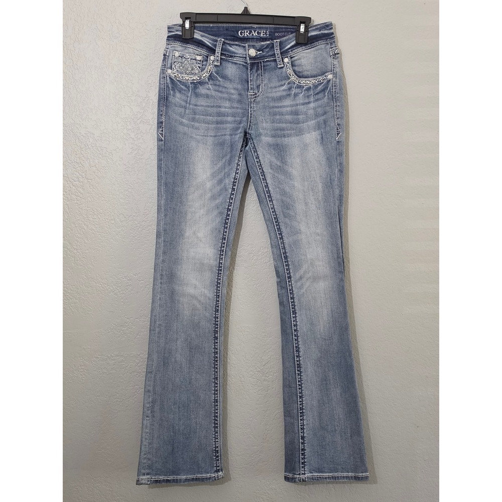 Grace in LA Bootcut Jeans 28 Light Blue Embellished Cross Rhinestone Low Rise